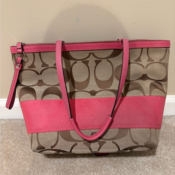 Coach Pink and Tan Signature Tote - Picture 2 of 6